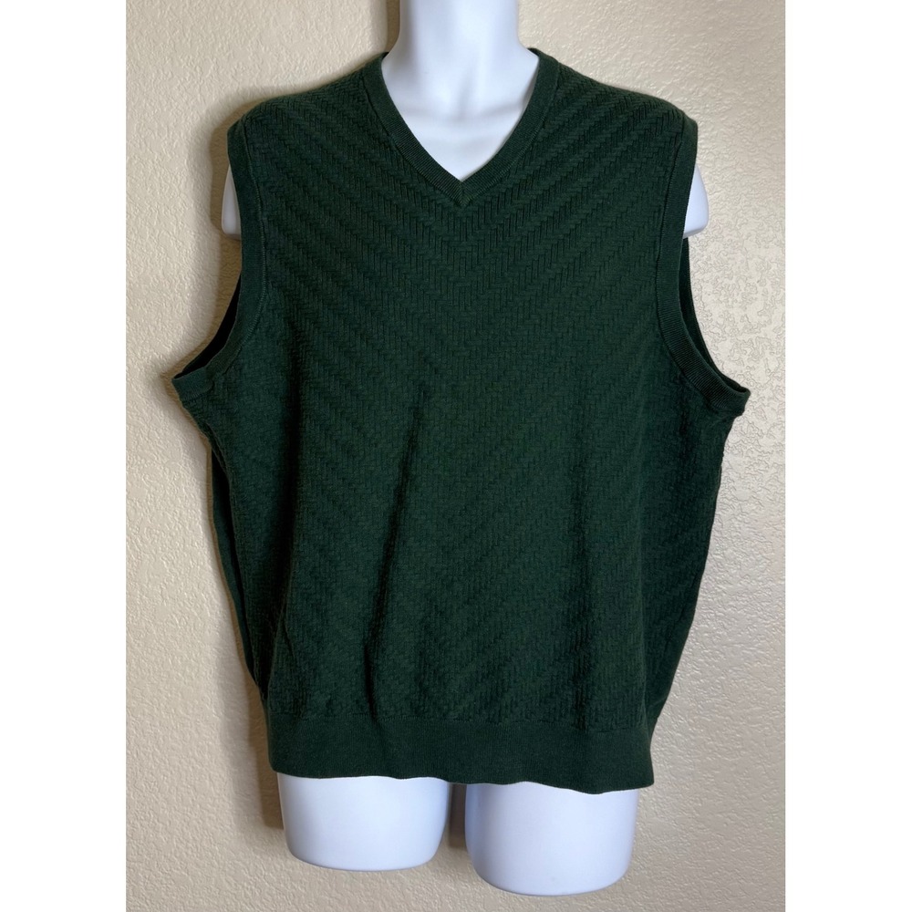Roundtree & Yorke Mens XL Sweater Vest Green Textured Cotton V Neck Knit Grandpa
